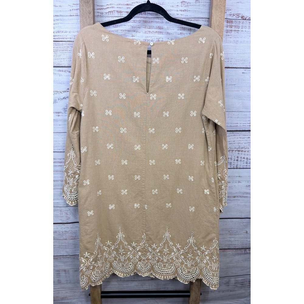 Sundance Embroidered Eyelet Boho Shift Dress Tan Cotton Bell Sleeve Petite 10 - Picture 10 of 14